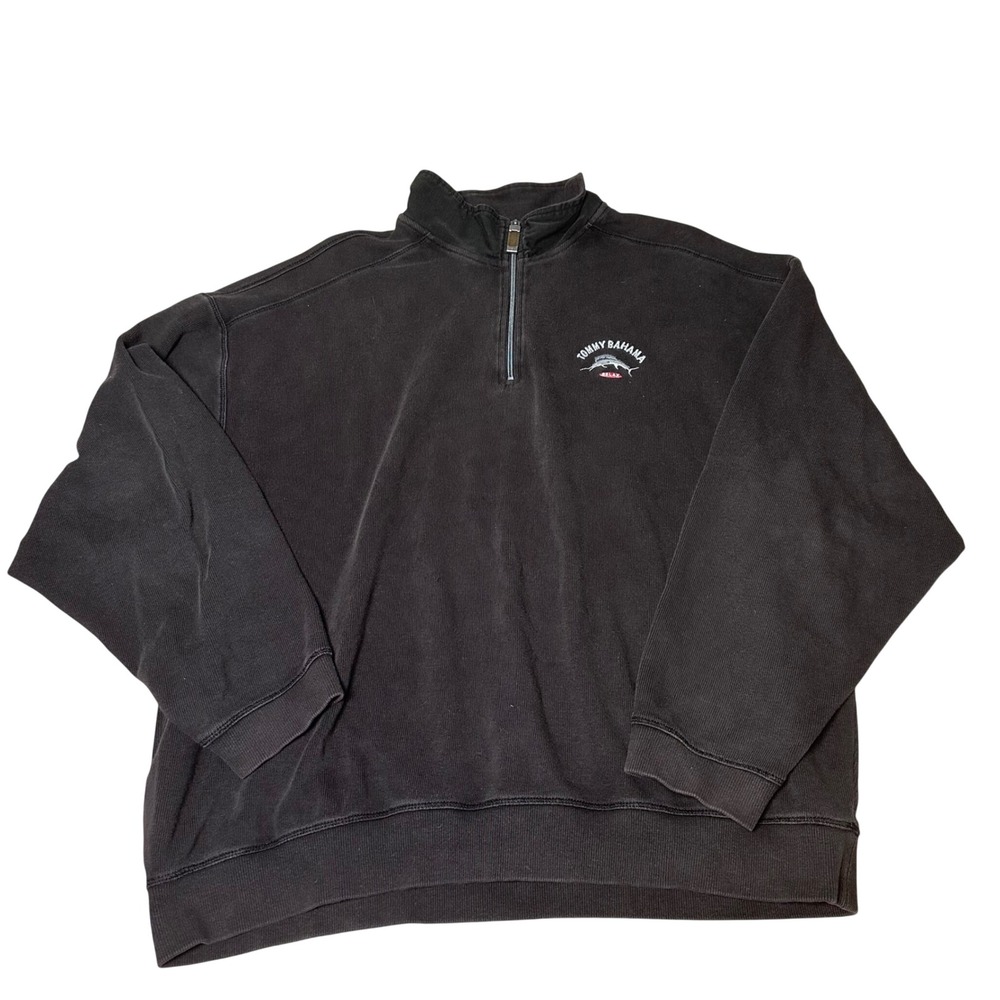 Tommy Bahama Relax Mens XXL Black Ribbed Quarter Zip Pullover Marlin Logo